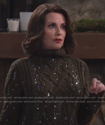 Karen’s green embellished cable knit sweater on Will and Grace