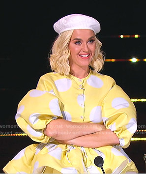 Katy Perry's yellow polka dot peplum top and pants on American Idol