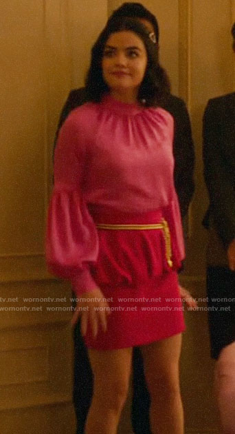 Katy's pink balloon sleeve blouse and peplum skirt on Katy Keene
