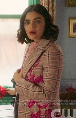 Katy’s pink plaid embroidered coat on Katy Keene