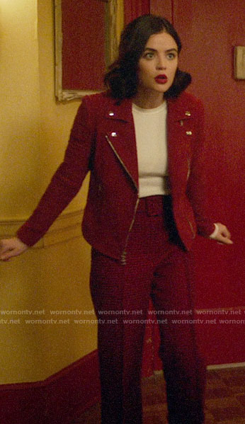 Katy’s red suede moto jacket and checked trousers on Katy Keene
