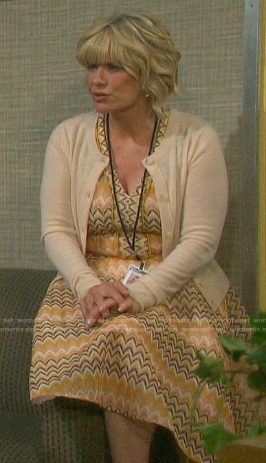 Kayla’s yellow striped v-neck dress on Days of our Lives