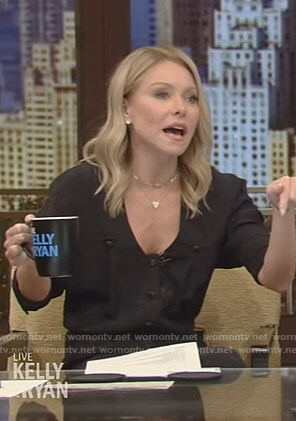 Kelly’s black button front jumpsuit on Live with Kelly and Ryan