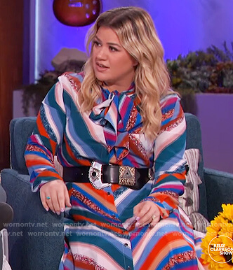 Kelly’s stripe blouse and skirt on The Kelly Clarkson Show