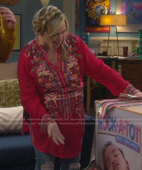 Kristin's red embroidered tunic top on Last Man Standing
