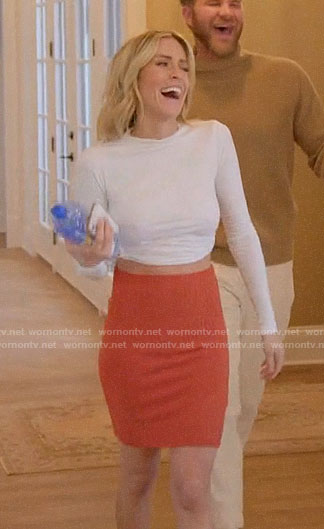 Kristin’s white open back top and orange skirt on Very Cavallari