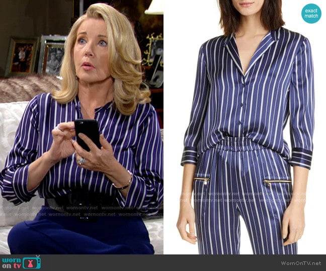 L'Agence Aoki Blouse in Navy/Ivory Stripe worn by Nikki Reed Newman (Melody Thomas-Scott) on The Young and the Restless