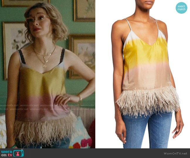 Le Superbe Coppertone Ostrich Feathers Colorblock Cami worn by Pepper Smith (Julia Chan) on Katy Keene