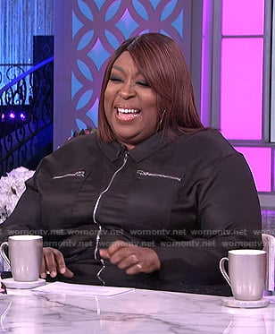 Loni's black zip front jumpsuit on The Real