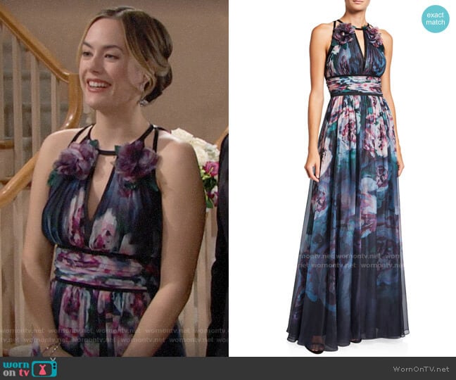 Marchesa Notte Watercolor Sleeveless Chiffon Gown with Satin Trim & Keyhole worn by Hope Logan (Annika Noelle) on The Bold and the Beautiful