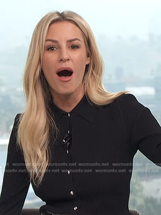 Morgan’s black ribbed button down knit top on E! News Daily Pop