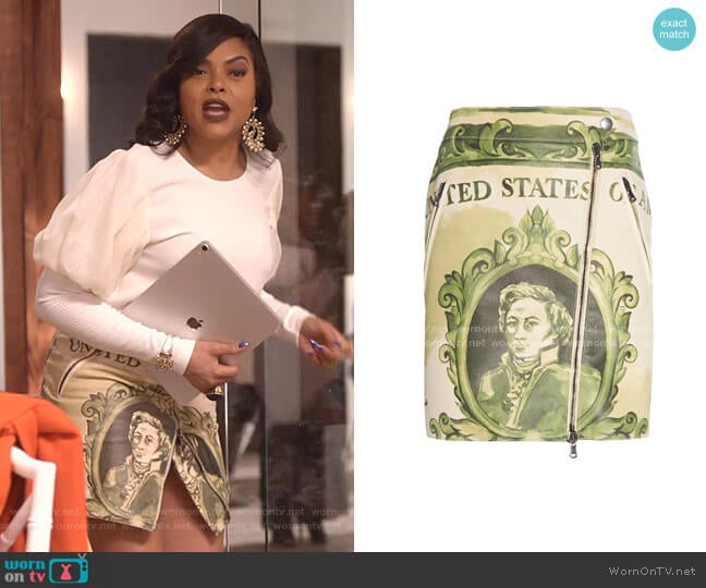 Zip-Detailed Printed Leather Mini Skirt by Moschino worn by Cookie Lyon (Taraji P. Henson) on Empire