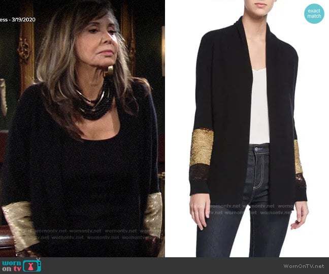 Neiman Marcus Cashmere Collection Two-Way Sequin-Sleeve Cashmere Cardigan worn by Jill Abbott (Jess Walton) on The Young and the Restless