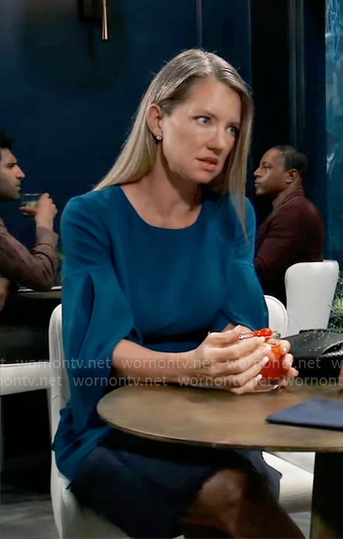 Nina's teal blue tulip sleeve dress on General Hospital