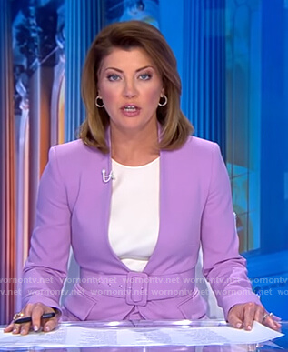 Norah’s lilac lapelless jacket and pants on CBS Evening News