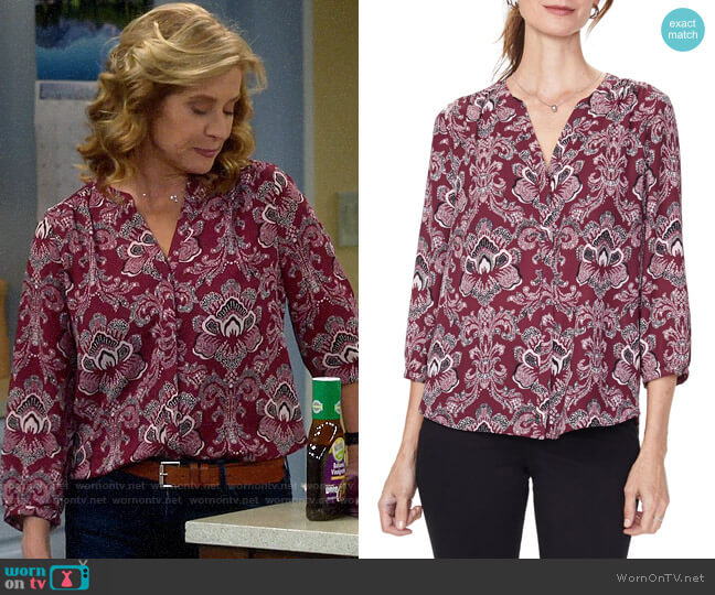 NYDJ Pleat Back Blouse in Orchid Garden worn by Vanessa Baxter (Nancy Travis) on Last Man Standing