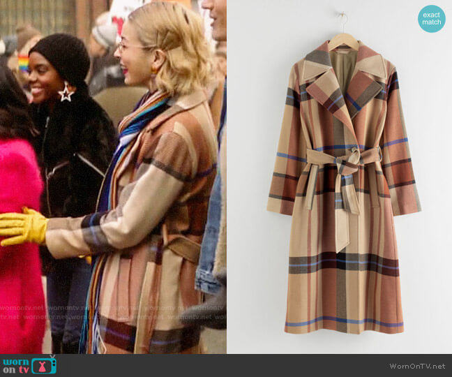 & Other Stories Plaid Wool Blend Belted Long Coat worn by Pepper Smith (Julia Chan) on Katy Keene