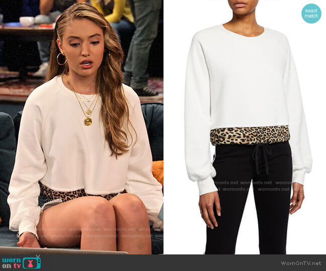 Brooke’s white sweatshirt with leopard print trim on The Expanding Universe of Ashley Garcia