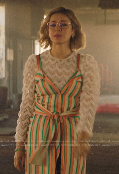 Pepper’s white sequin top and striped dress on Katy Keene