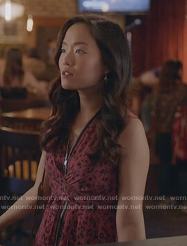 Janet's pink leopard zip front dress on Kims Convenience