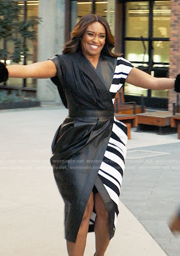 Rachel's leather and stripe print wrap dress on All Rise