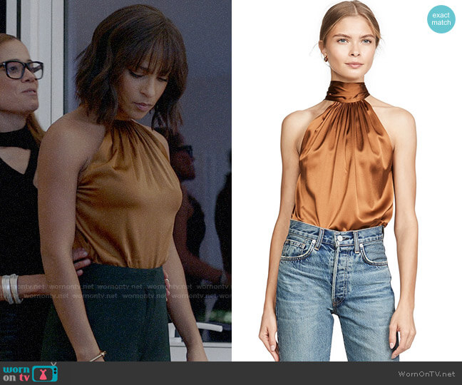 Ramy Brook Lori Top in Copper worn by Edie Palmer (Megalyn Echikunwoke) on Almost Family