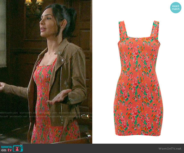 Rhode Jasmine floral-print shirred cotton mini dress worn by Gabi Hernandez (Camila Banus) on Days of our Lives