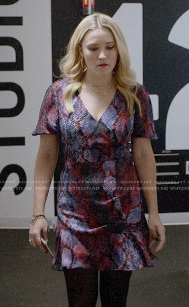 Roxy's pink and purple snake print wrap dress on Almost Family