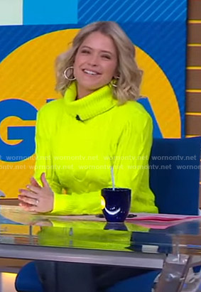 Sara's yellow neon turtleneck sweater on Good Morning America