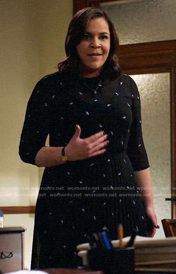 Sara's black pleated paisley embellished dress on All Rise