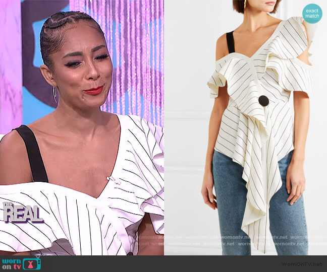 Asymmetric striped crepe top by Self Portrait worn by Amanda Seales on The Real