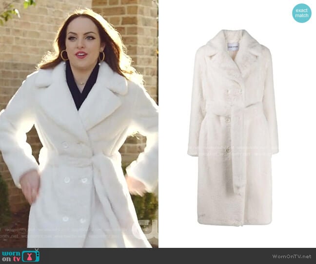 Faustine Double-Breasted Faux Fur Coat by Stand worn by Fallon Carrington (Elizabeth Gillies) on Dynasty