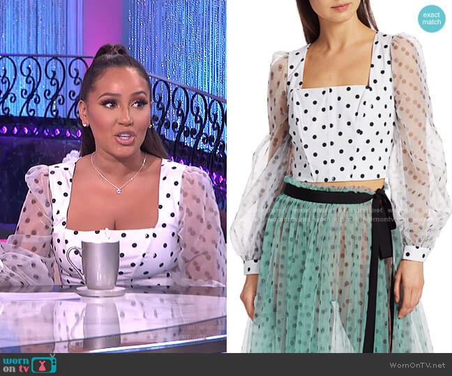 Rose Polka Dot Puff-Sleeve Organza Bustier Top by Staud worn by Adrienne Houghton on The Real