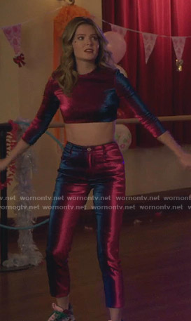 Sutton’s lame cropped top and pants on The Bold Type