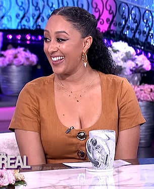 Tamera’s brown button top and skirt on The Real