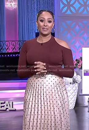 Tamera’s burgundy cutout top and polka dot skirt on The Real