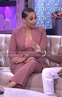 Tamera's pink lapelless jacket and pants on The Real