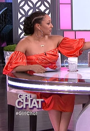 Tamera’s red off-shoulder puff sleeve dress on The Real