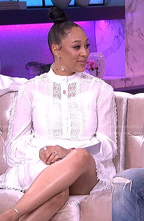 Tamera’s white crochet trim dress on The Real