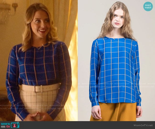 Tela Cornflower Blue Multicheck Pattern Viscose Blouse worn by Amanda (Helene Yorke) on Katy Keene