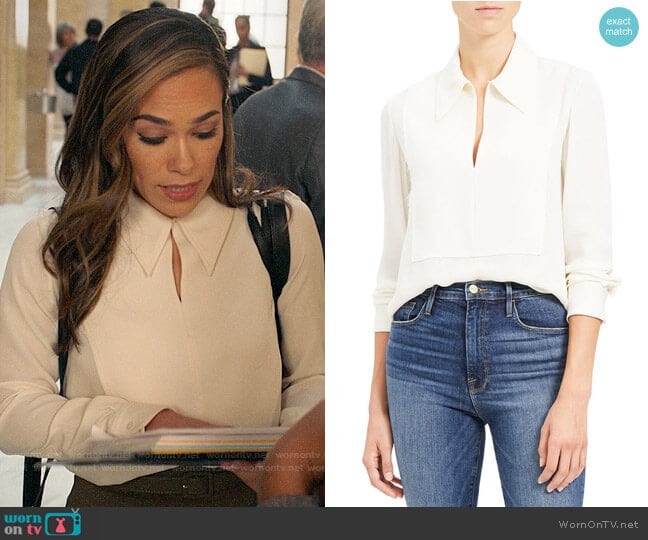 Theory Yoked Popover Silk Blouse worn by Emily Lopez (Jessica Camacho) on All Rise