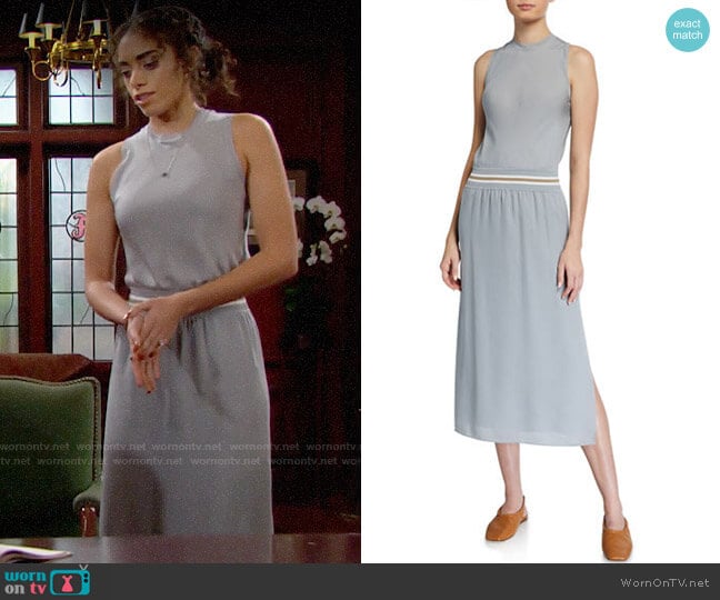 Theory Lewie Dress in Mist Blue worn by Zoe (Kiara Barnes) on The Bold and the Beautiful