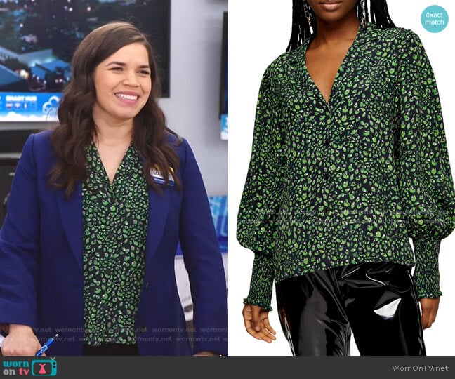 Print Balloon Sleeve Blouse by Topshop worn by Amy (America Ferrera) on Superstore