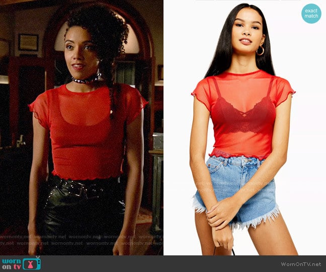 Topshop Red Short Sleeve Lettuce Mesh Top worn by Charlie (Maisie Richardson-Sellers) on Legends of Tomorrow