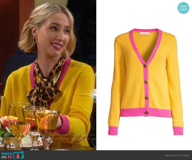 Tory Burch Contrast-Trim Cashmere Cardigan Sweater worn by Mandy Baxter (Molly McCook) on Last Man Standing