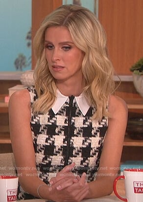 Nicky Hilton’s tweed sleeveless houndstooth dress on The Talk