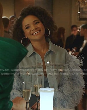 Vanessa's feather-trim cropped denim jacket on Dynasty