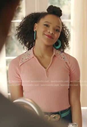 Vanessa’s pink embellished collar top on Dynasty