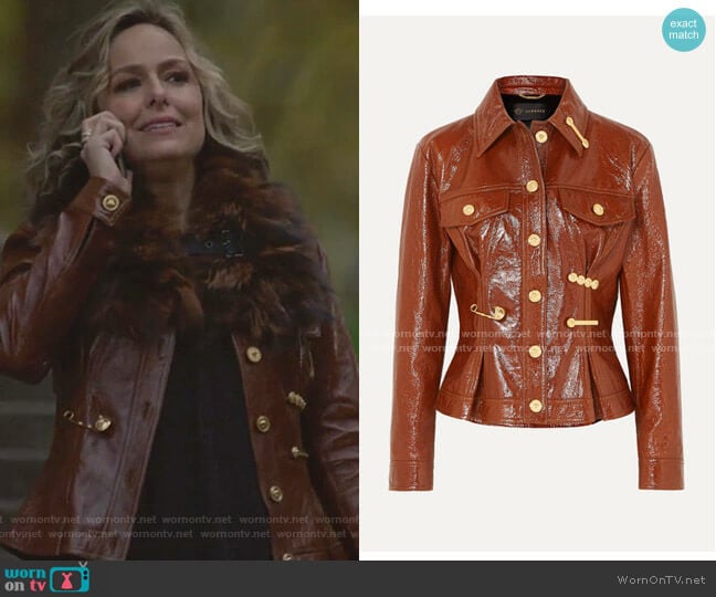 Embellished Textured Patent-Leather Peplum Jacket by Versace worn by Jacqueline (Melora Hardin) on The Bold Type