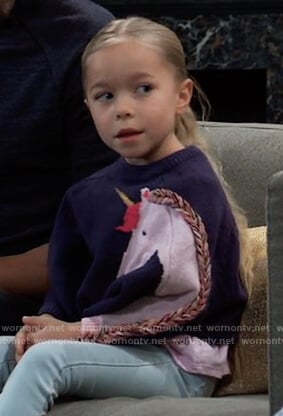 Violet's navy unicorn sweater on General Hospital